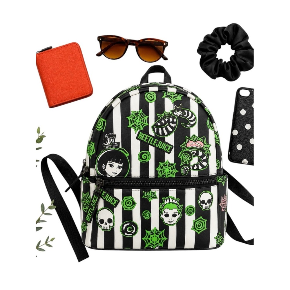 Beetlejuice Striped Mini Backpack Kawaii Goth Horror Collectible Rare Bag 9x11